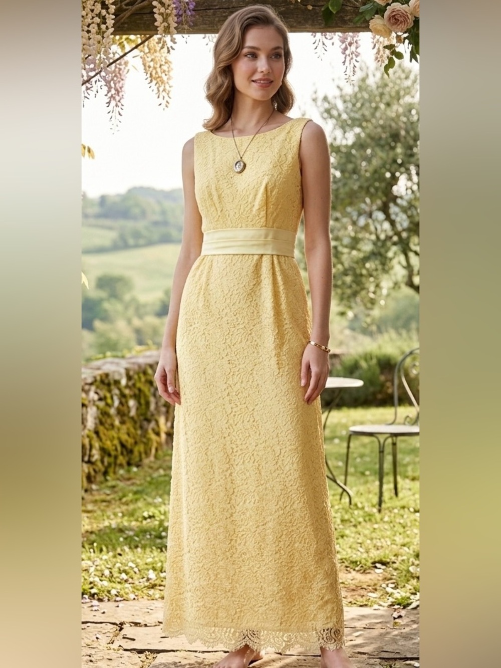 Vintage 60s Yellow Lace Maxi Dress Sash Belt